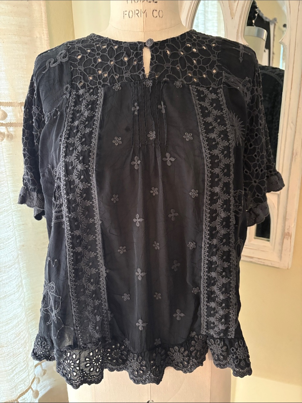 Johnny Was Black Embroidered Lace Trim Blouse